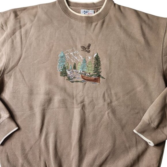 Vintage Embroidery Graphic Nature Fishing Fall Pullover Sweatshirt Tan Size XL - Picture 2 of 8